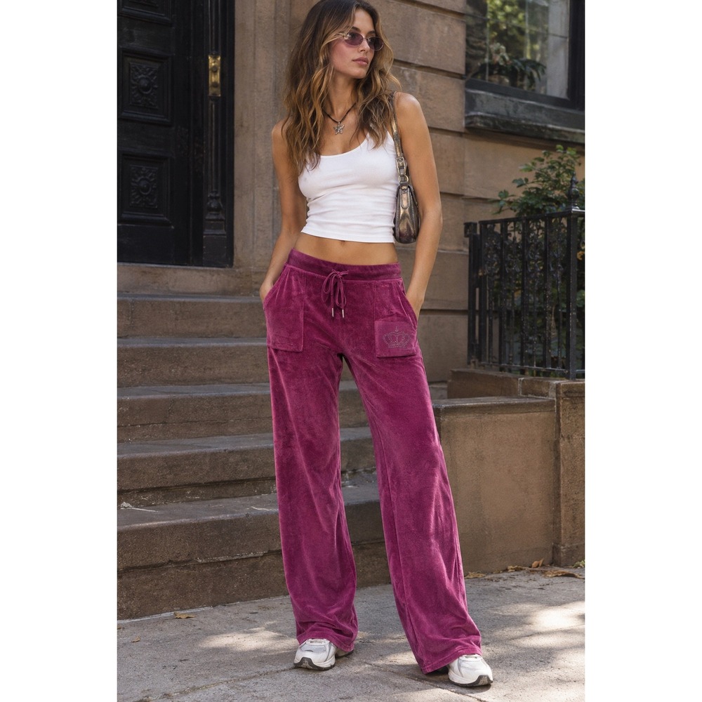 Juicy Couture Velour Wide Leg Lounge Pants Magenta Rhinestone Logo - Size XL